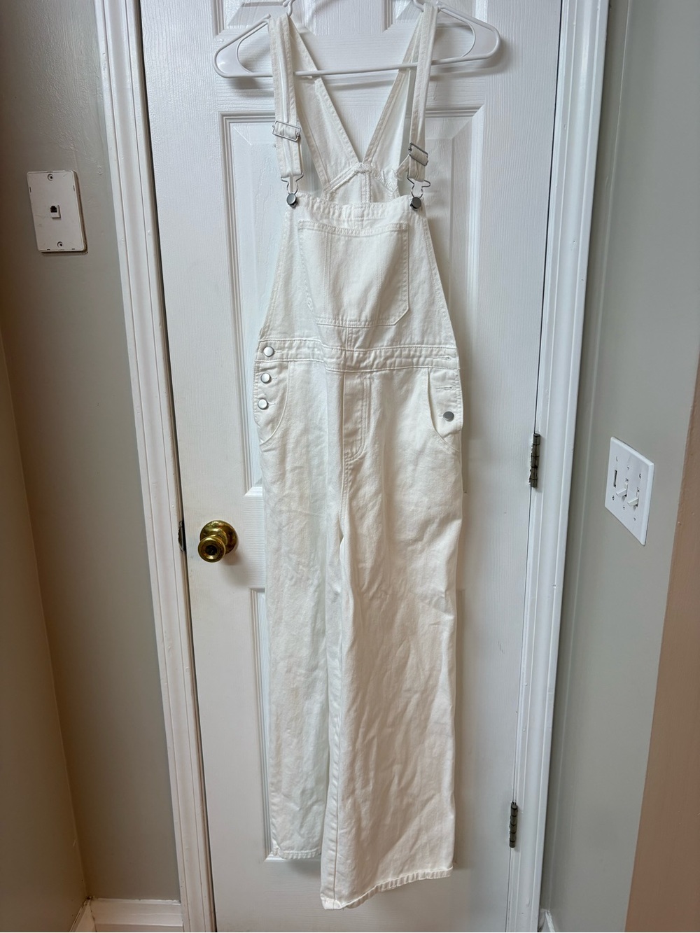 Women's White Denim Overall Jumpsuit with Button Pocket Detail